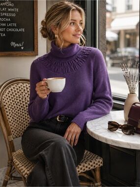 Kenar Deep Plum (Purple)Cable-Yoke Turtleneck Sweater Merino Wool